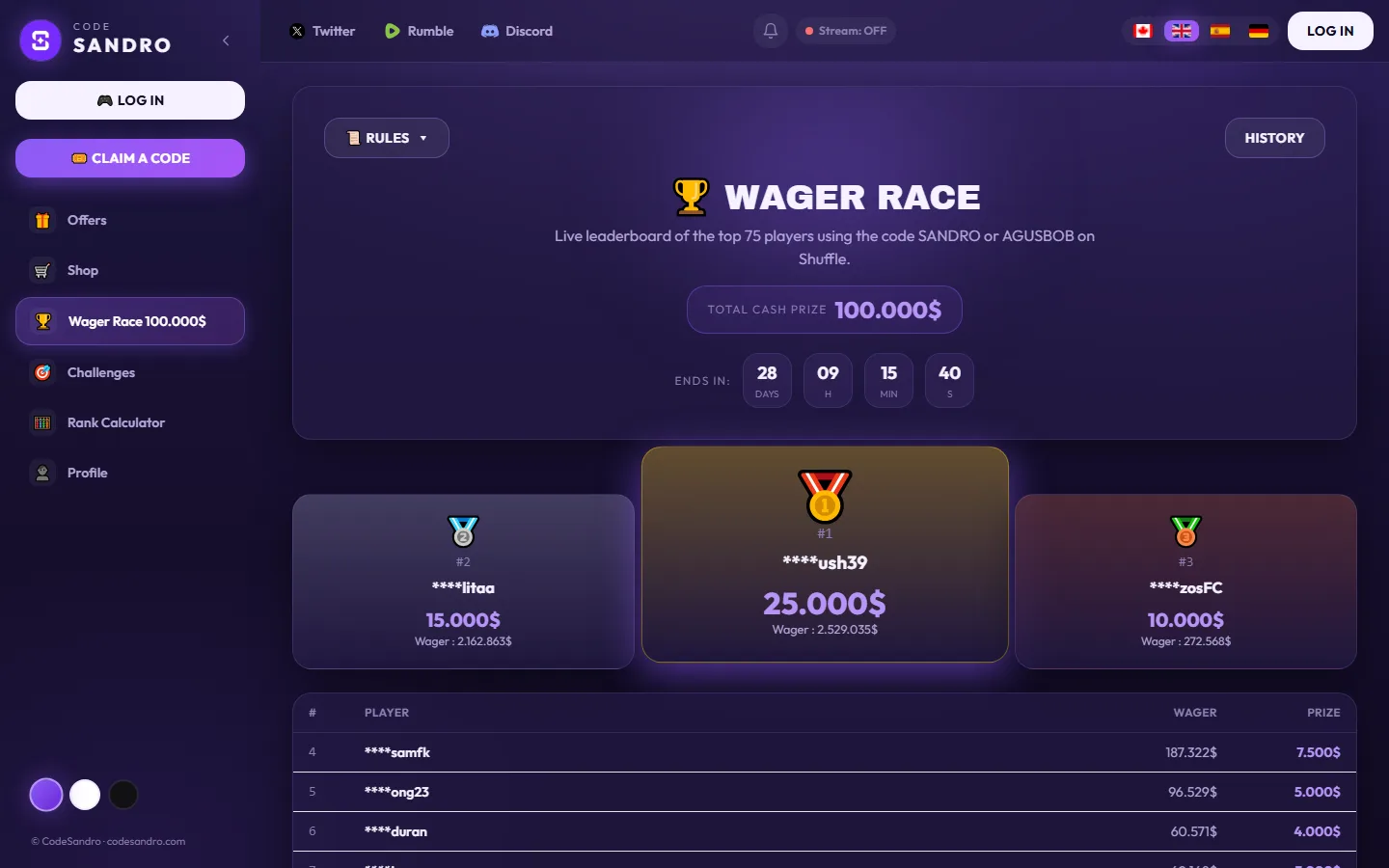 CODE SANDRO — Wager Race